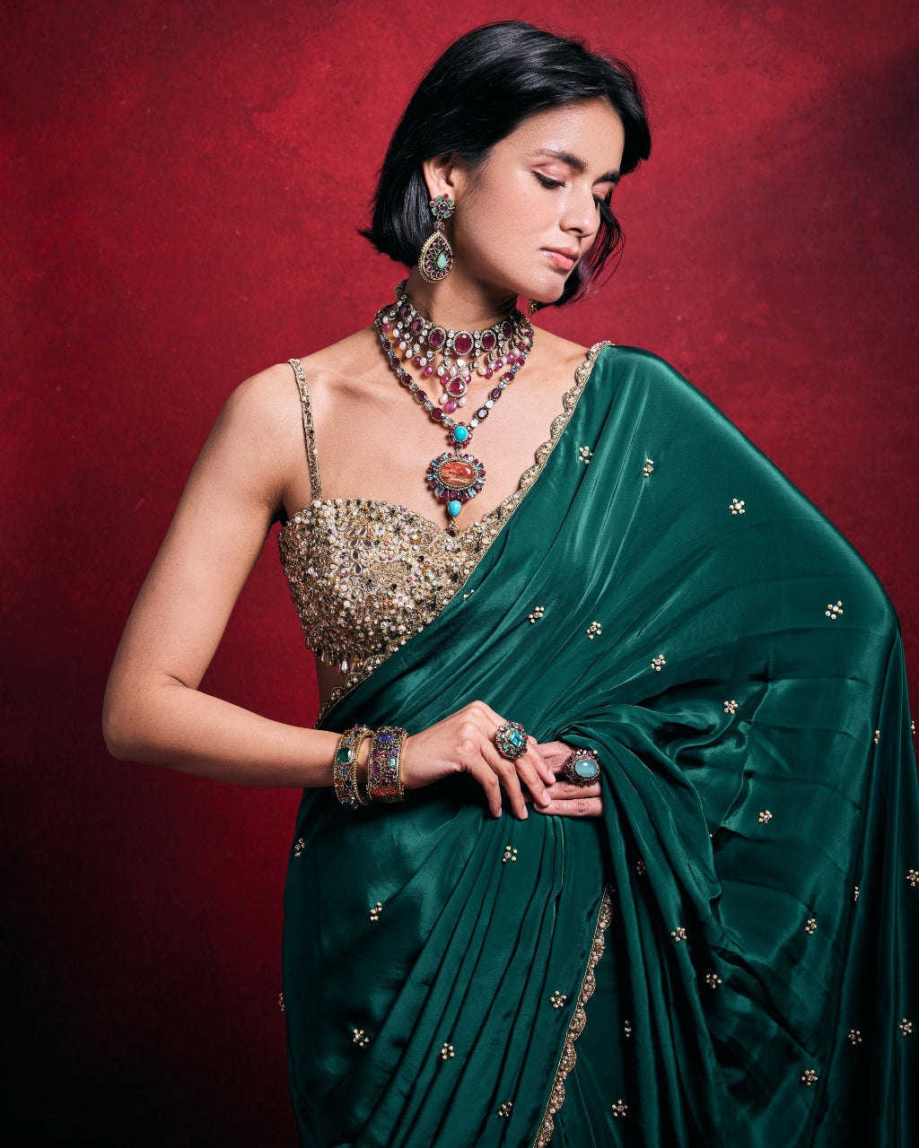 Emerald Green Crepe Sari Set