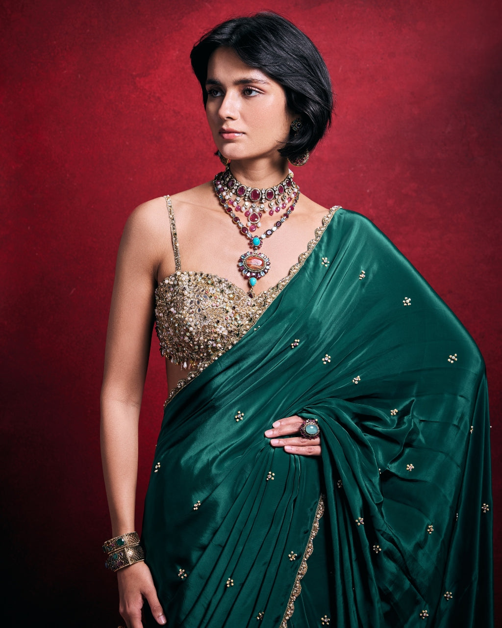 Emerald Green Crepe Sari Set