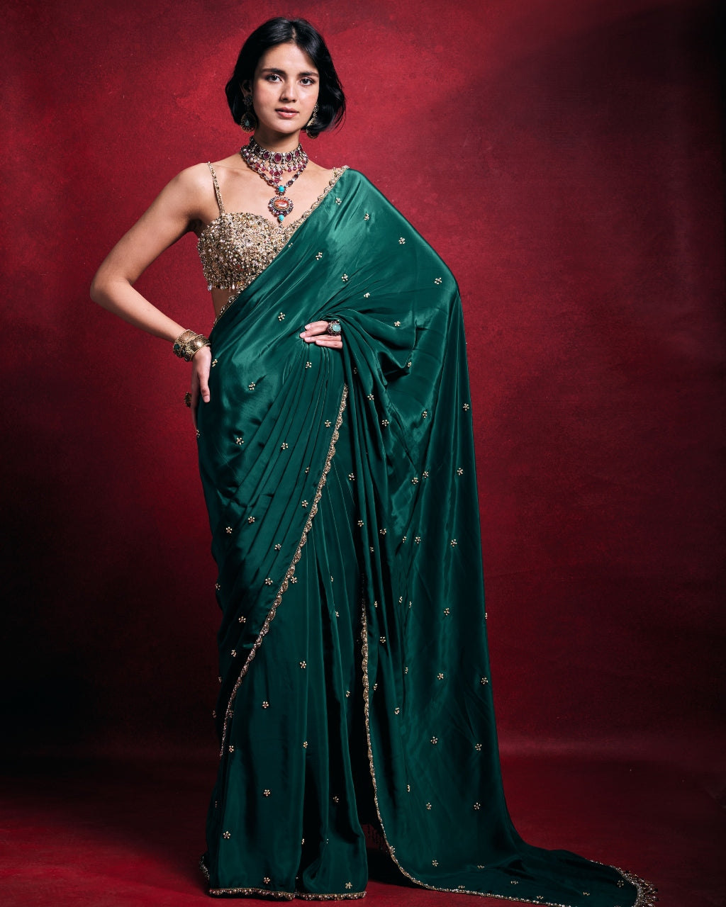 Emerald Green Crepe Sari Set
