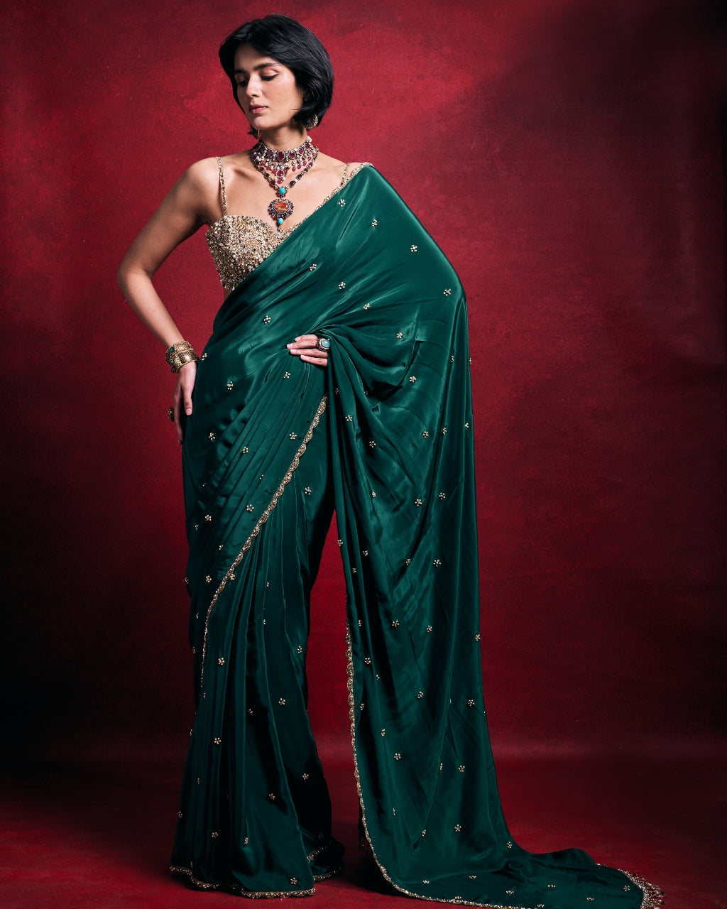 Emerald Green Crepe Sari Set