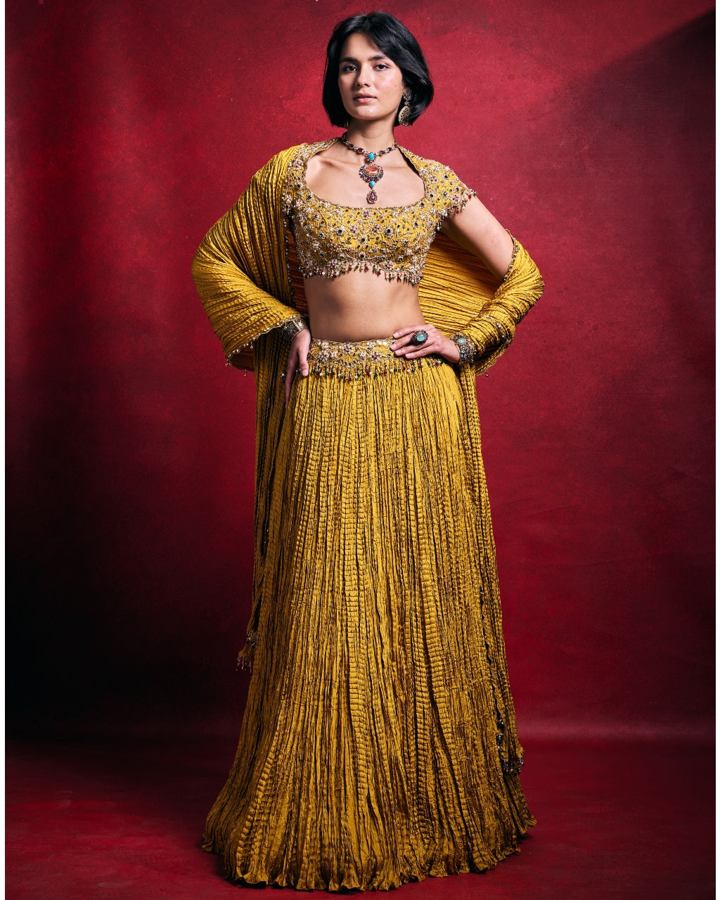 Mustard Crushed Lehenga Set