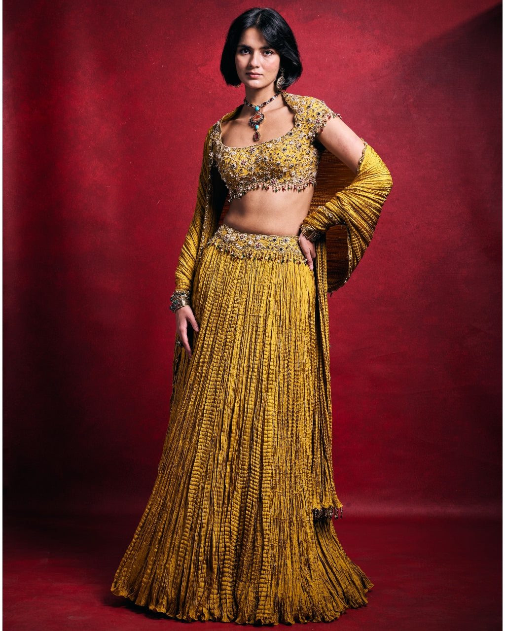 Mustard Crushed Lehenga Set