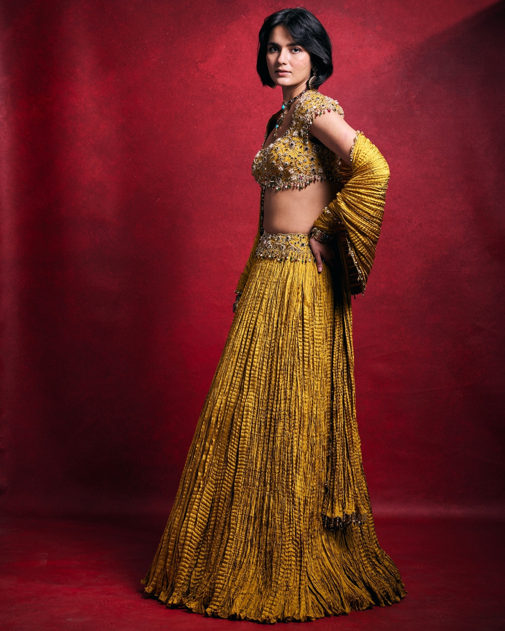 Mustard Crushed Lehenga Set