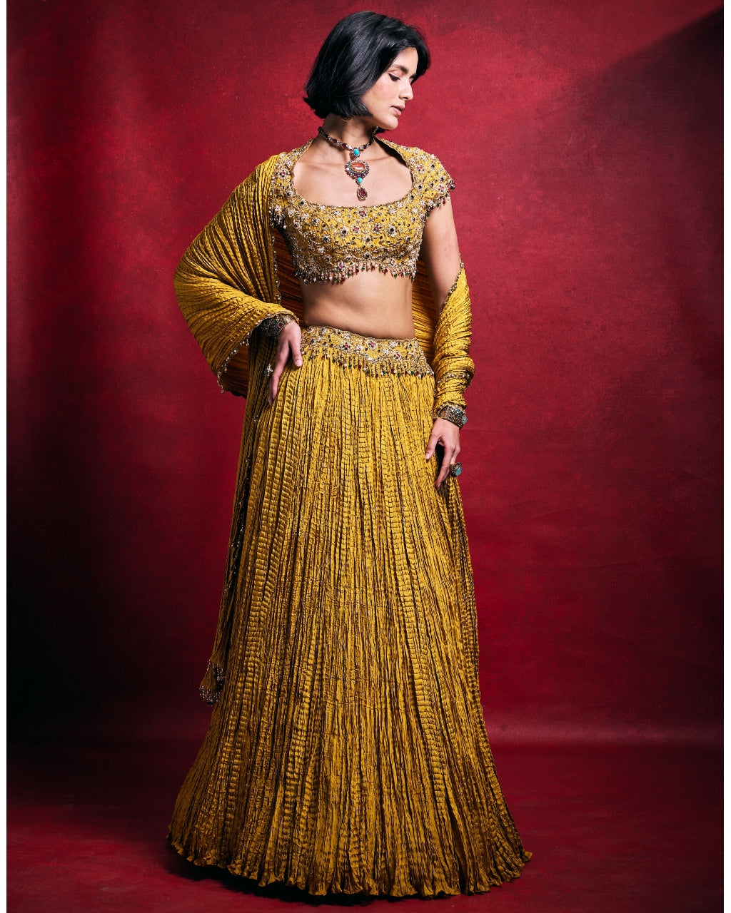Mustard Crushed Lehenga Set