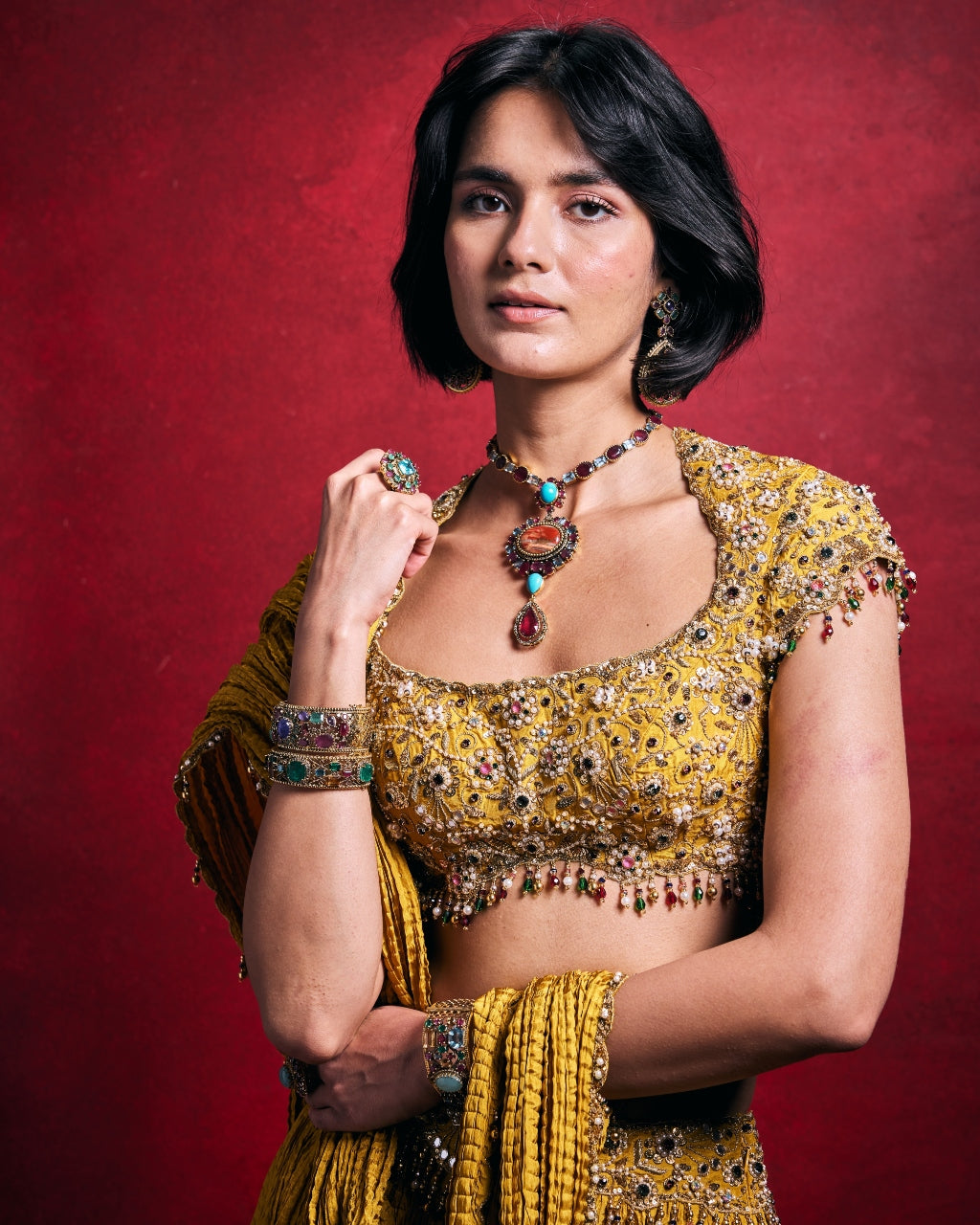 Mustard Crushed Lehenga Set