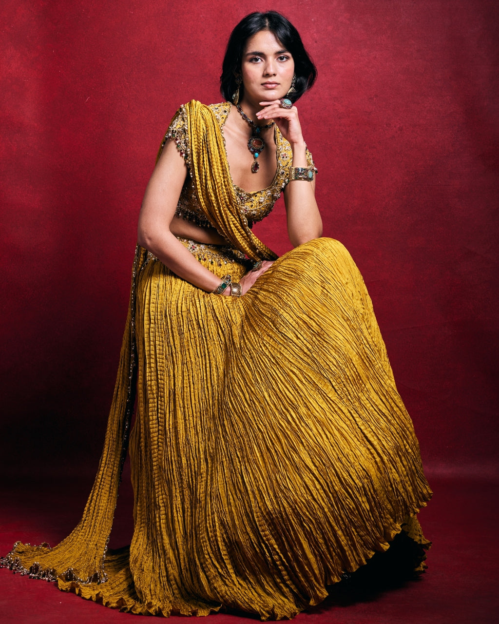 Mustard Crushed Lehenga Set