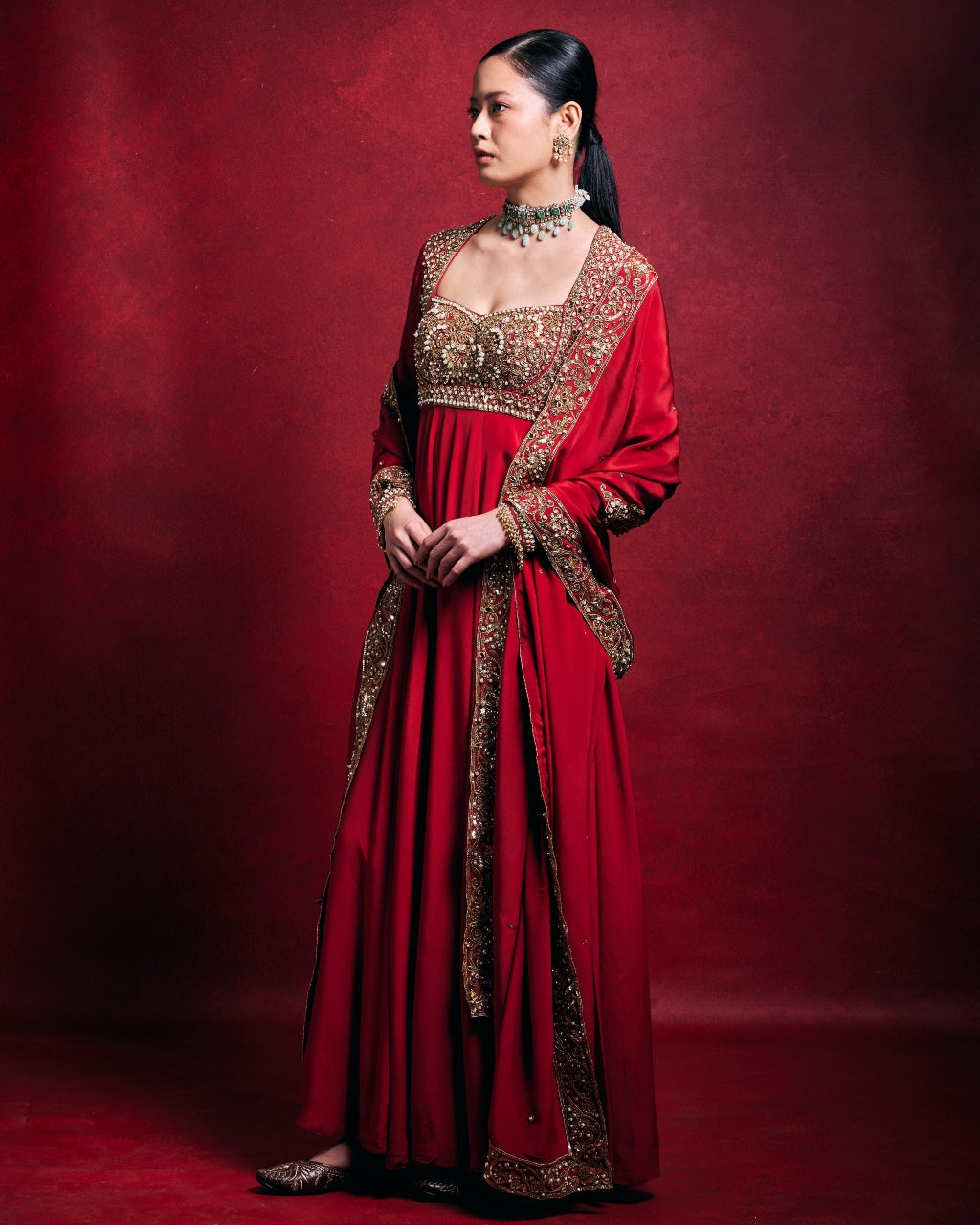 Red Crepe Anarkali Set