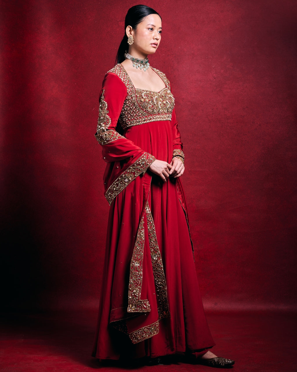 Red Crepe Anarkali Set