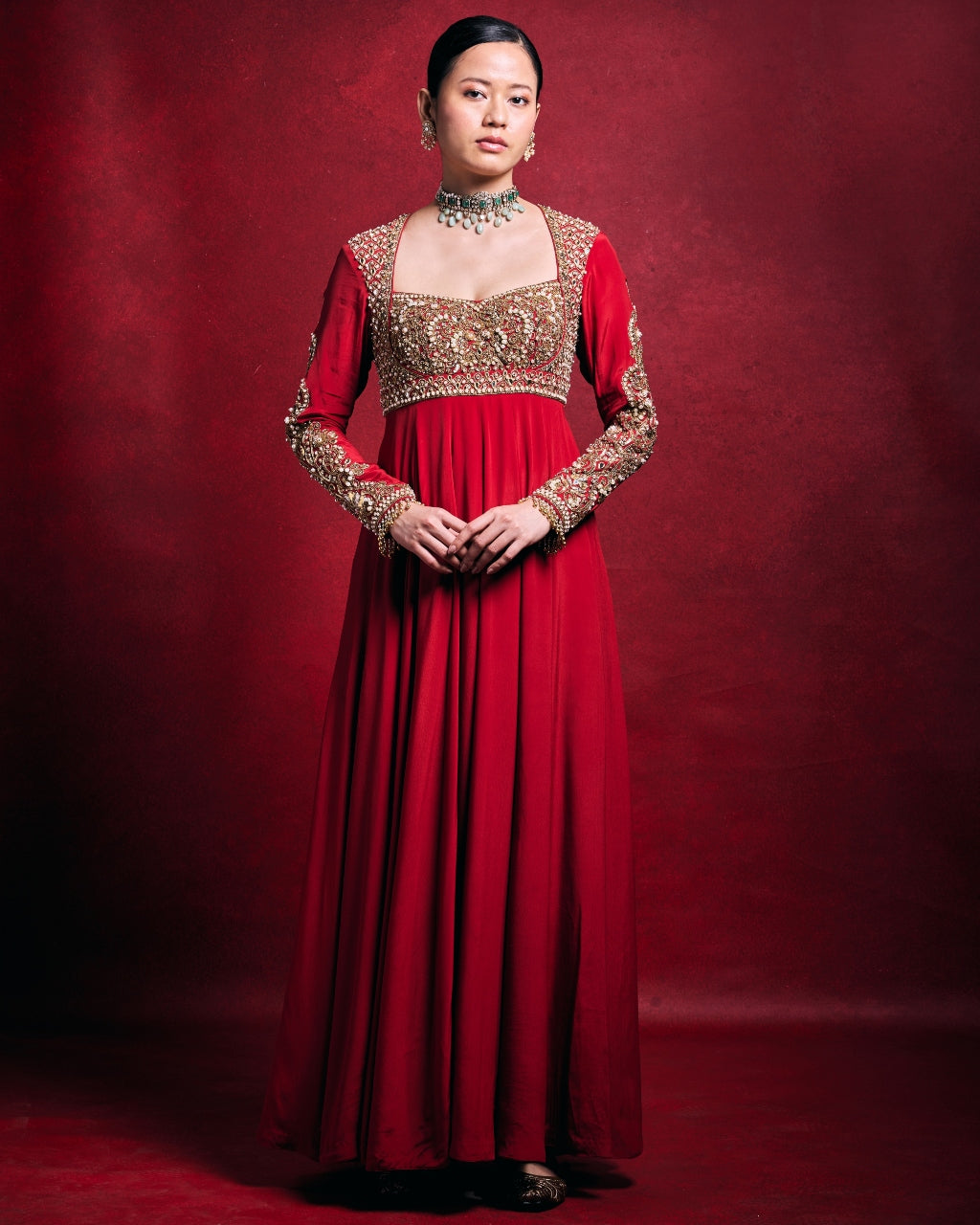 Red Crepe Anarkali Set