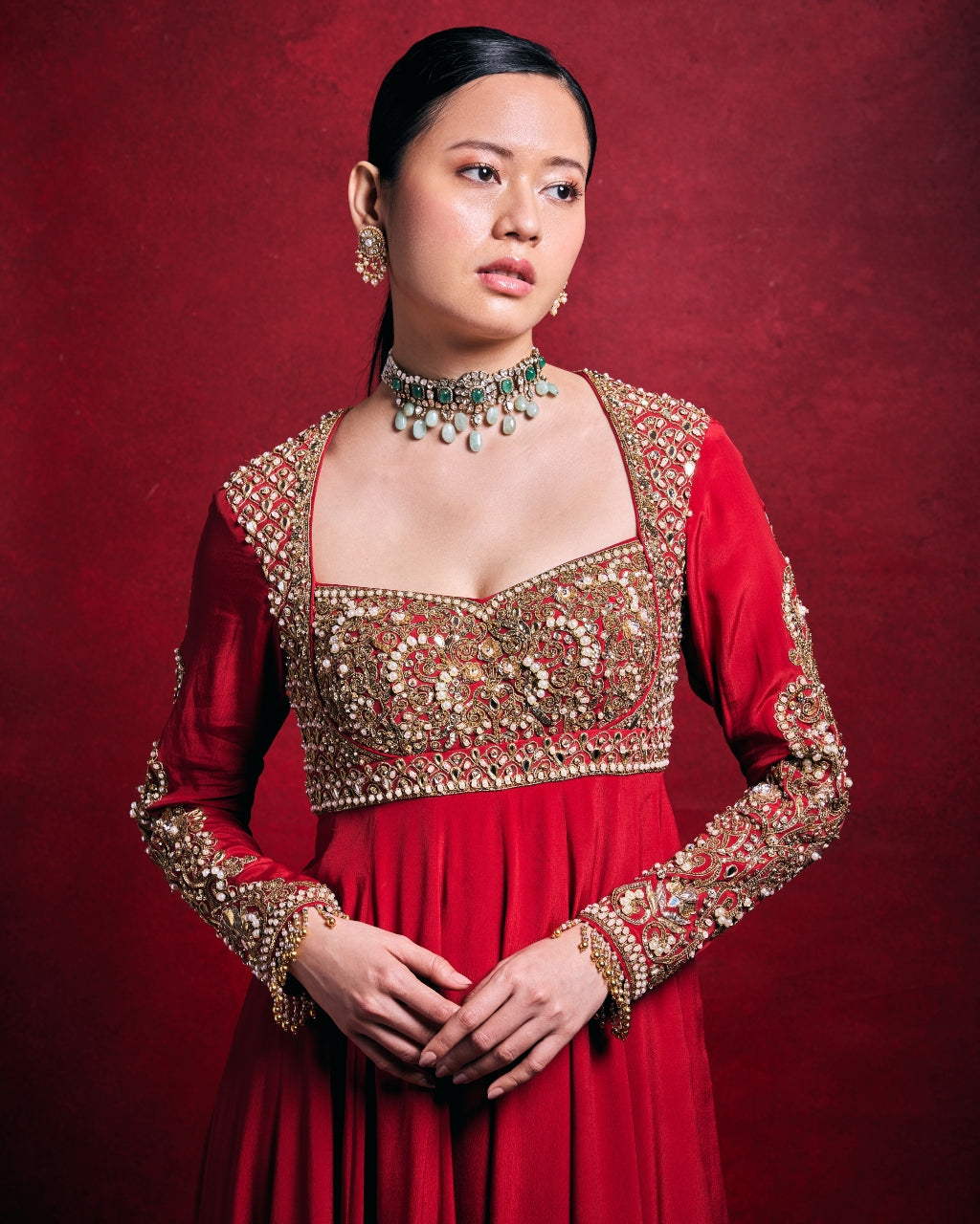 Red Crepe Anarkali Set