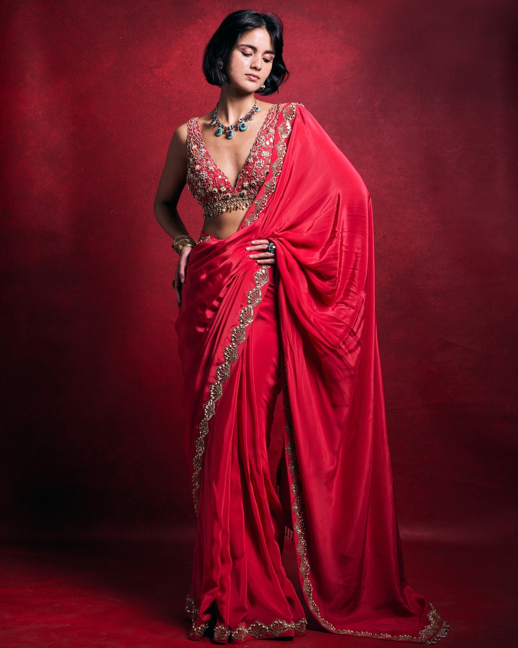 Fuscia Pink Crepe Sari Set