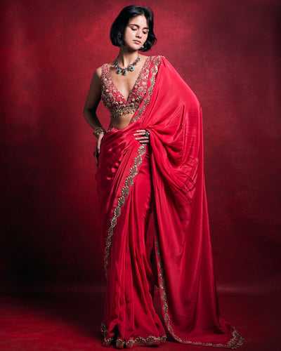 Fuscia Pink Crepe Sari Set