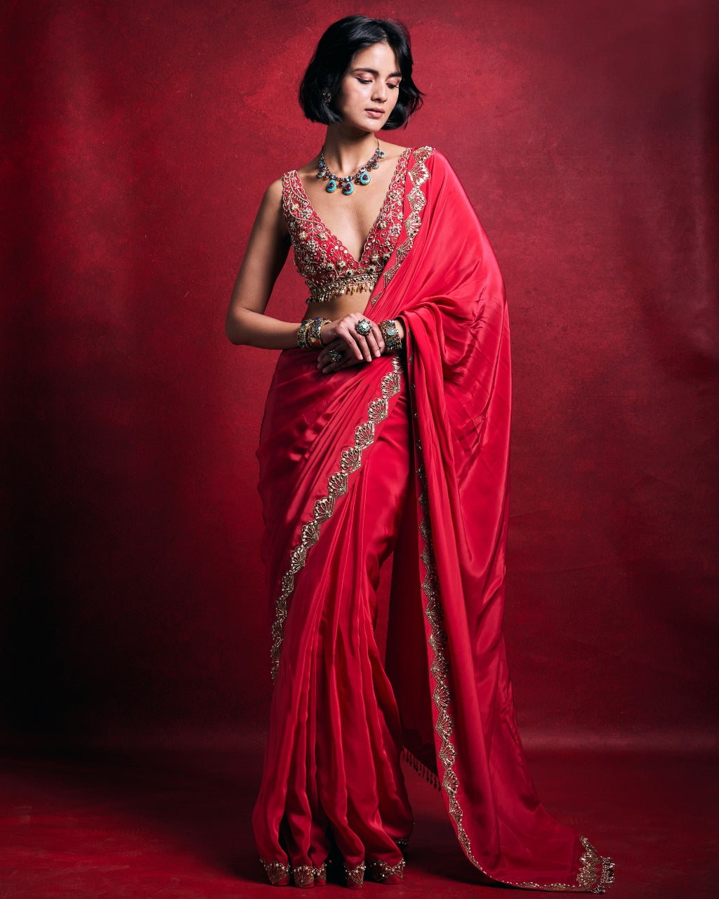 Fuscia Pink Crepe Sari Set