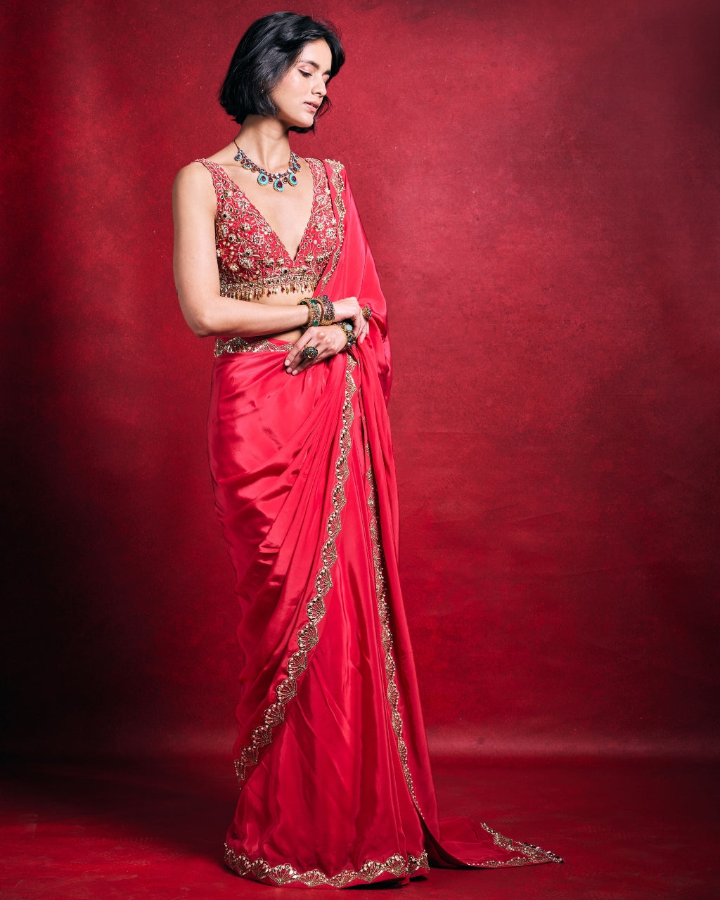 Fuscia Pink Crepe Sari Set