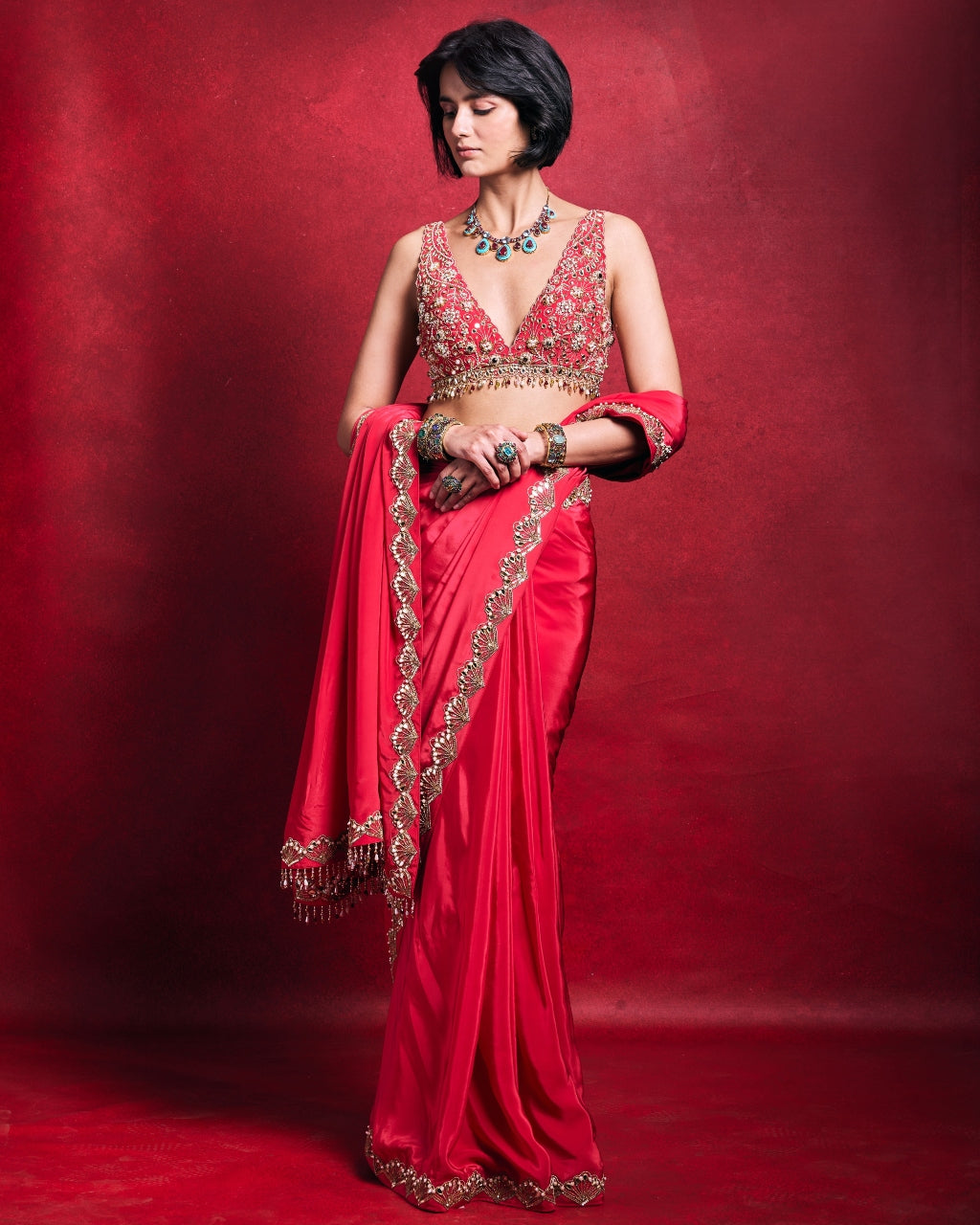 Fuscia Pink Crepe Sari Set