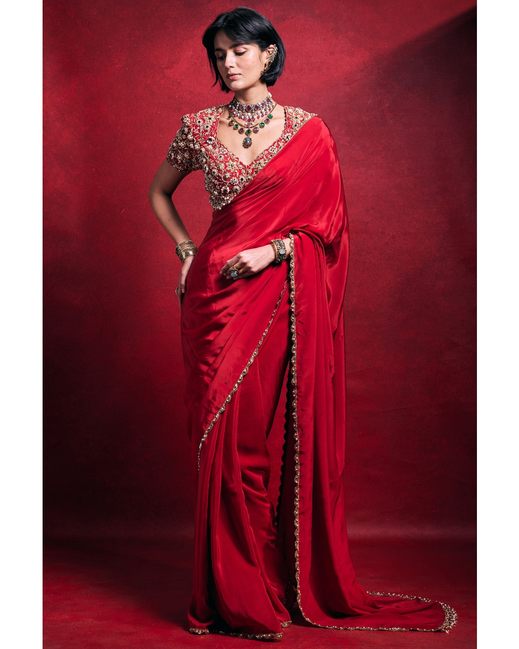 Red Crepe Sari Set