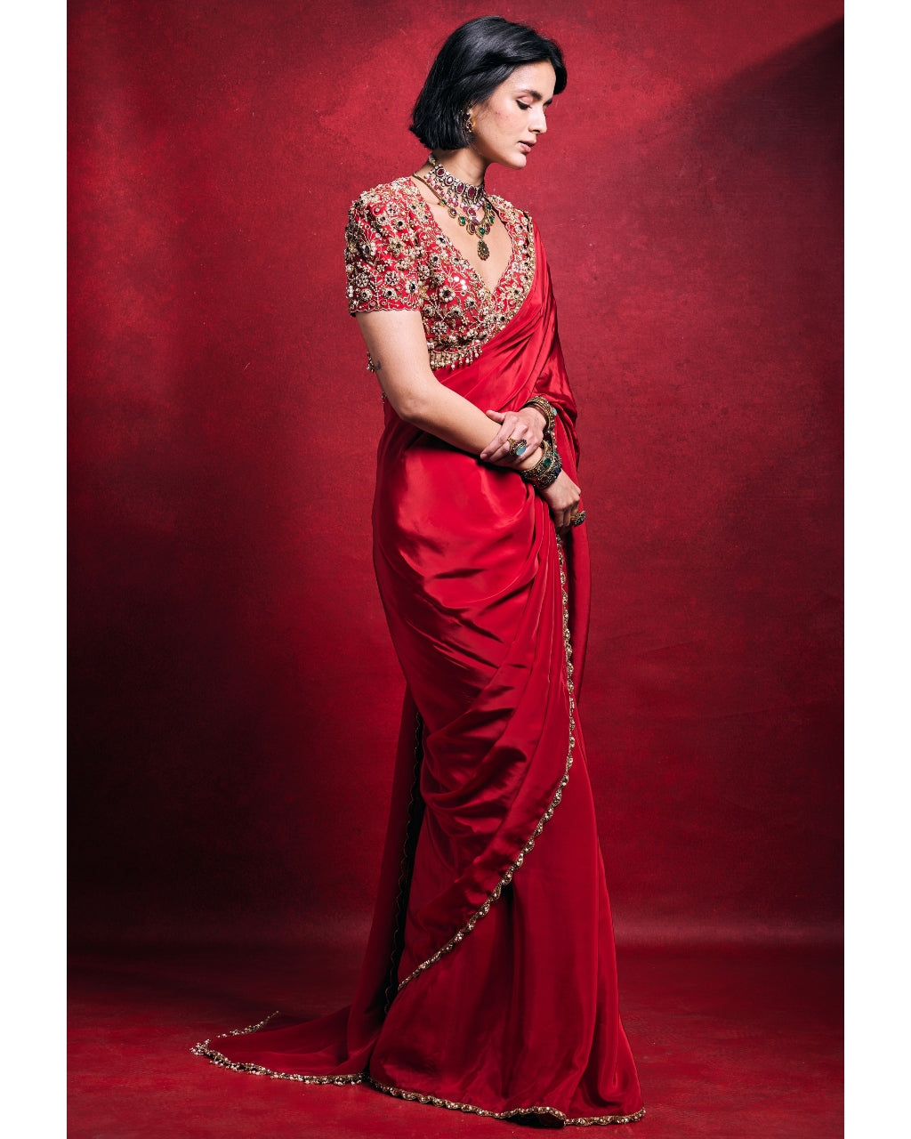 Red Crepe Sari Set