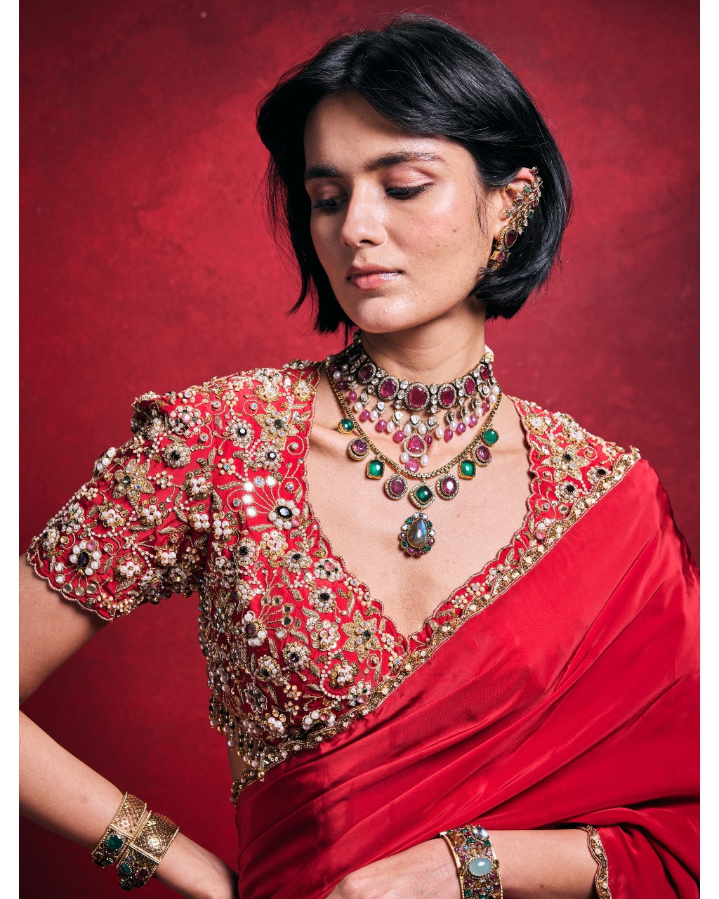 Red Crepe Sari Set