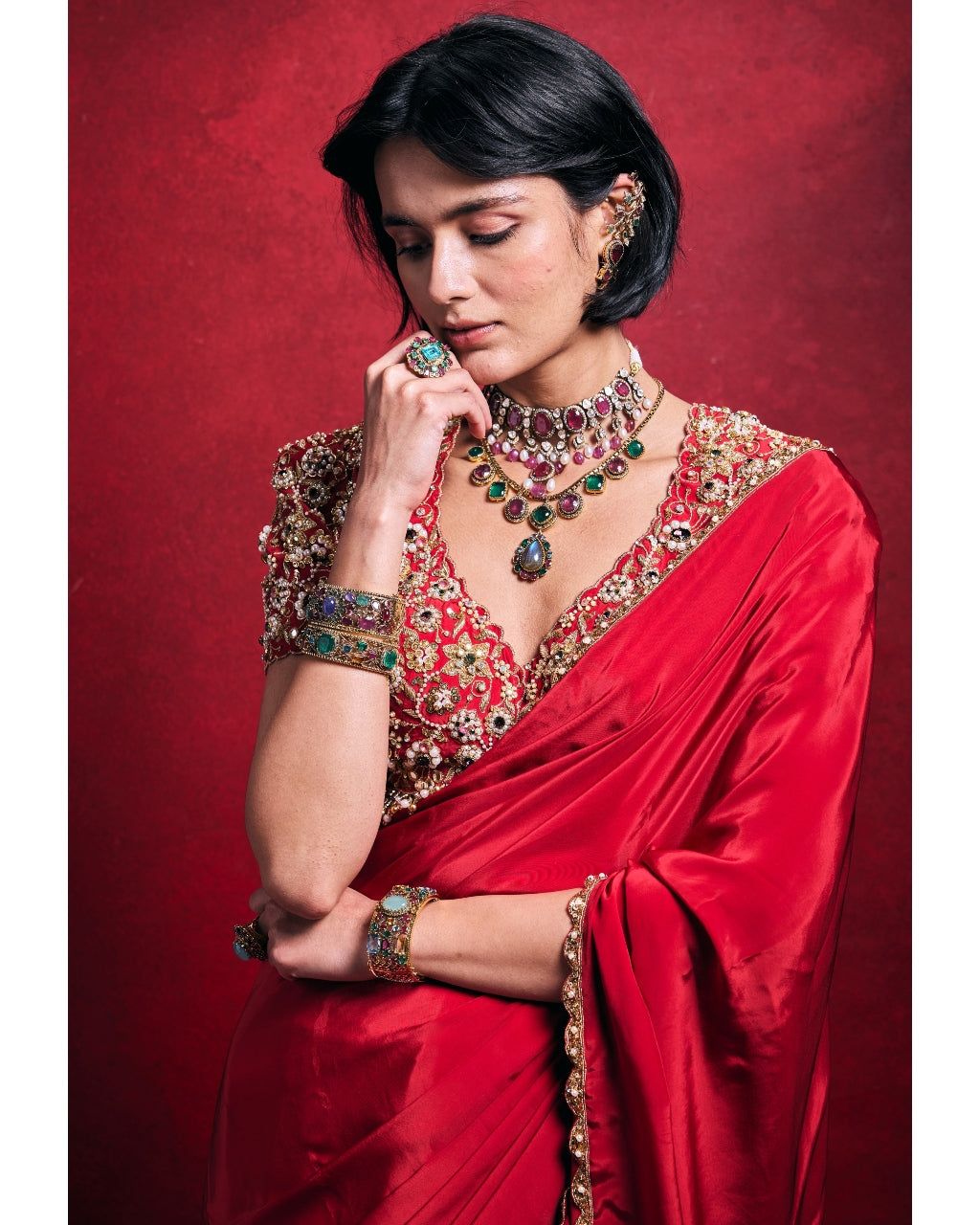 Red Crepe Sari Set