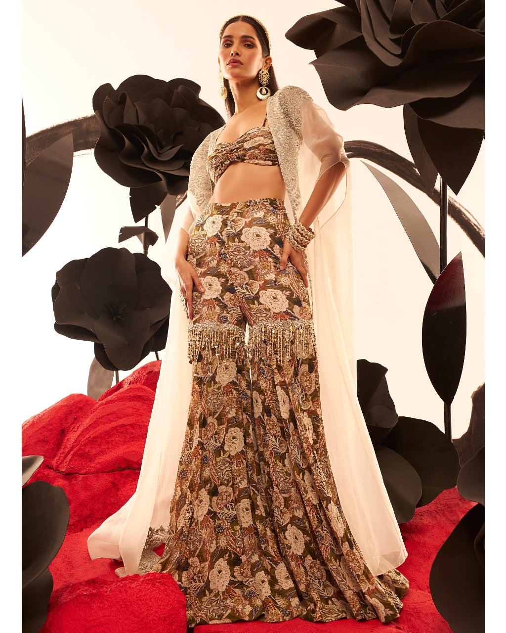 Earthy Abstract Floral Gharara & Cape Set