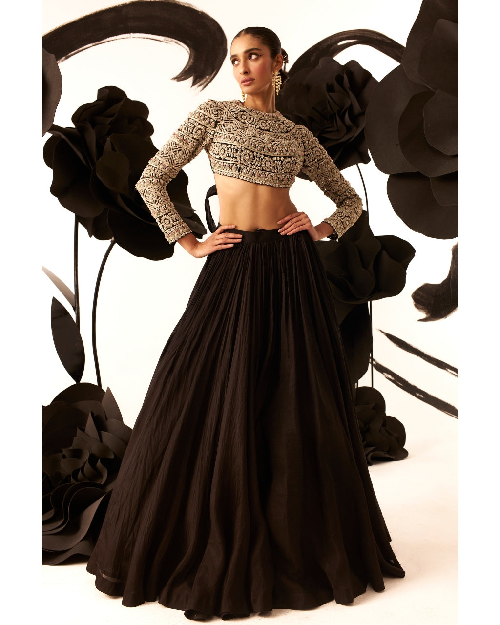 Black Floral Pattern Blouse & Skirt Set