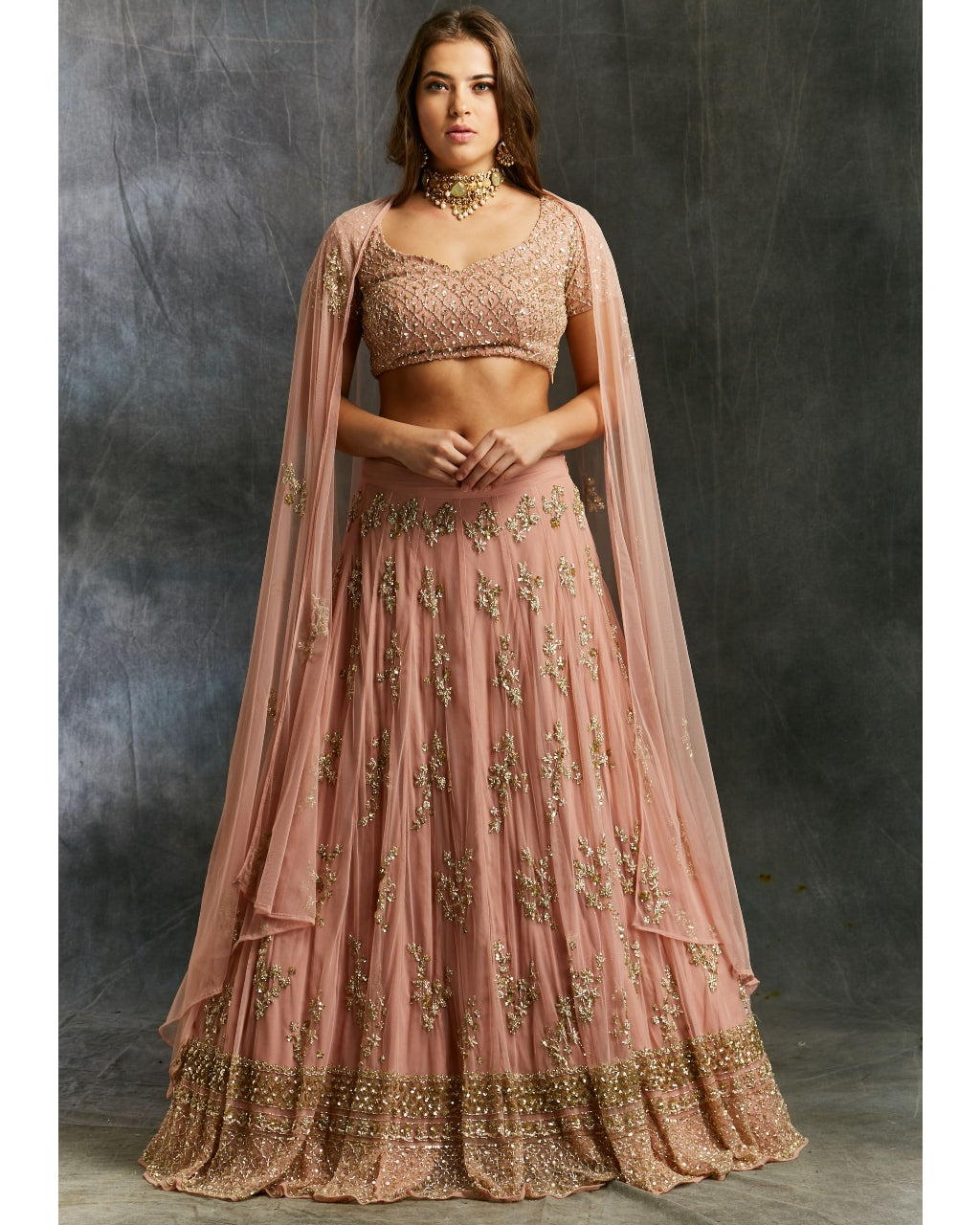 Dusty Pink With Gold Work Lehenga Set