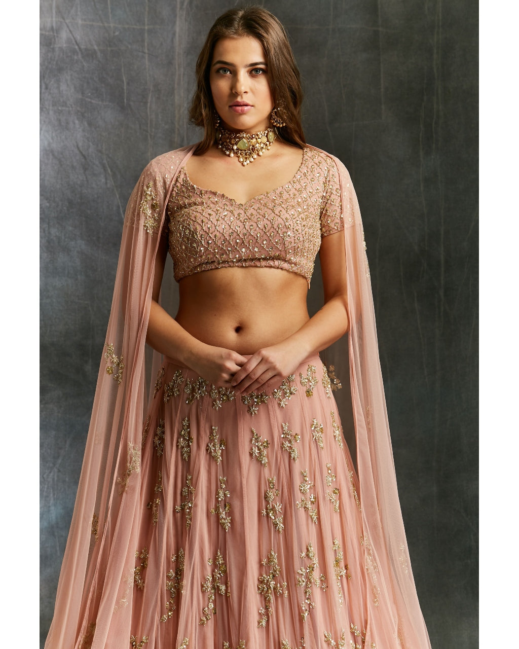 Dusty Pink With Gold Work Lehenga Set