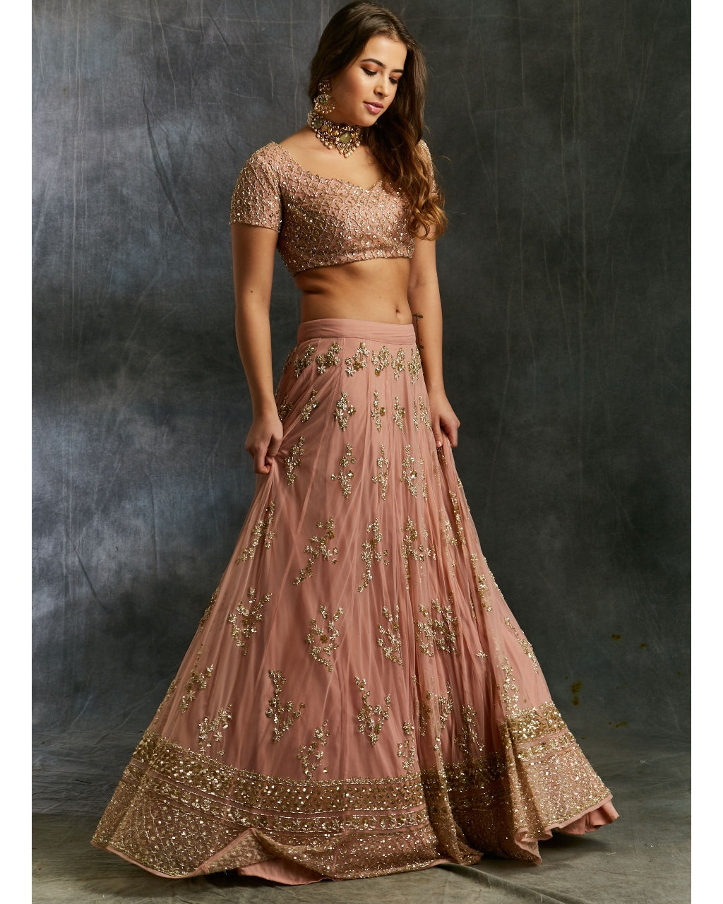 Dusty Pink With Gold Work Lehenga Set