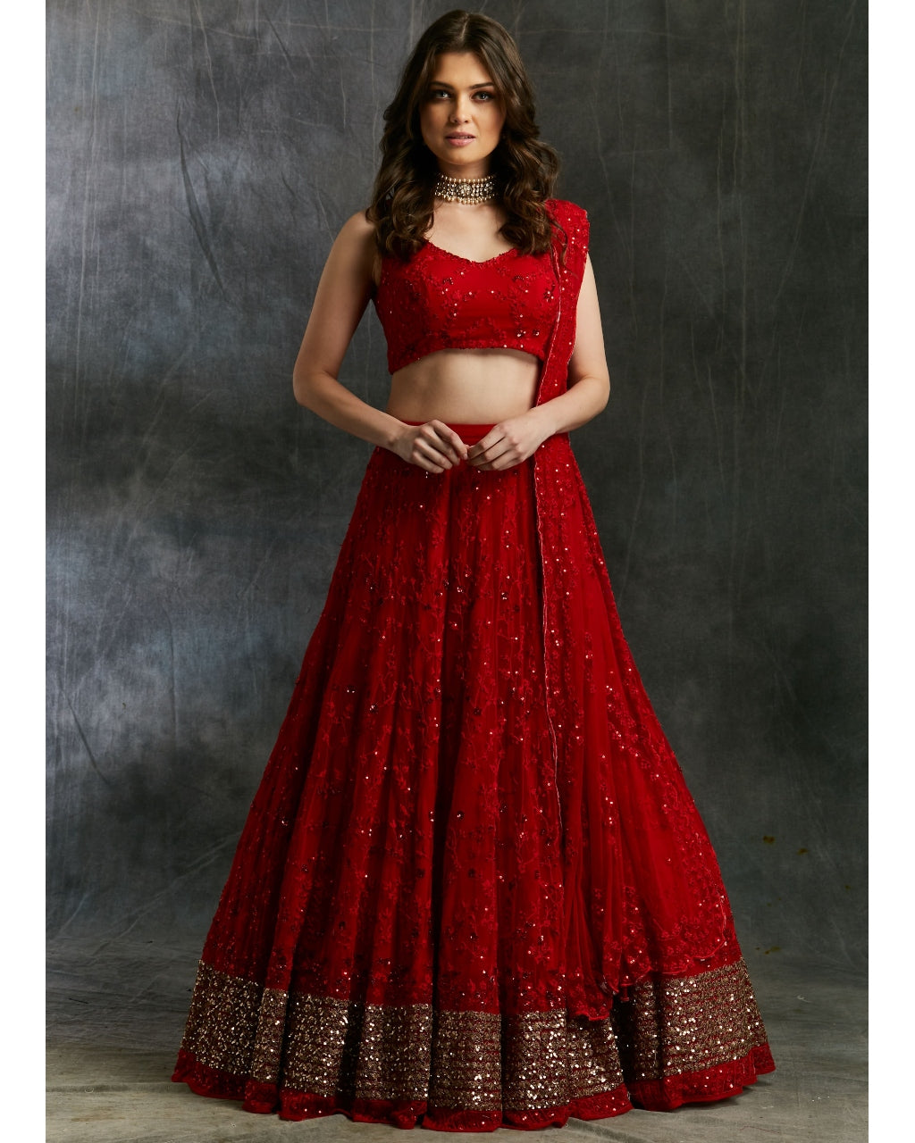 Red Sequins Lehenga With Gold Border