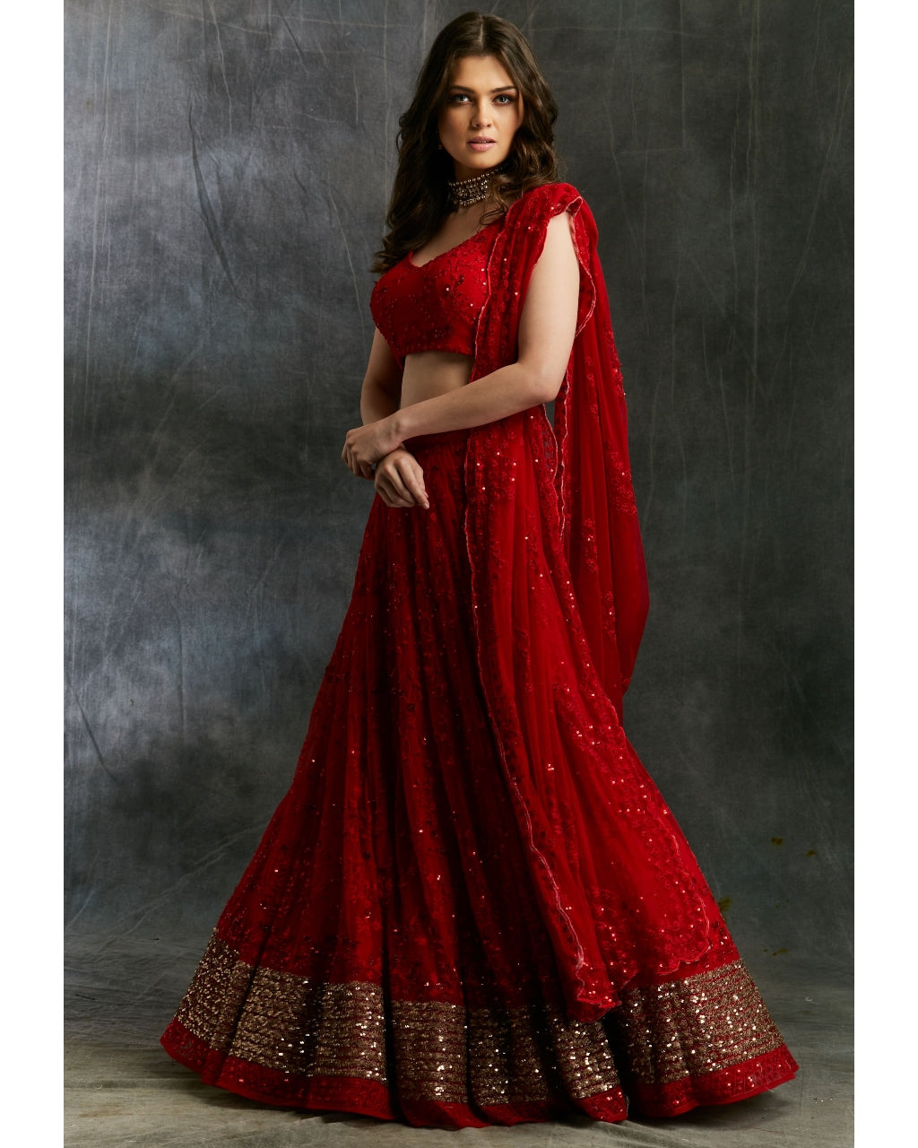 Red Sequins Lehenga With Gold Border