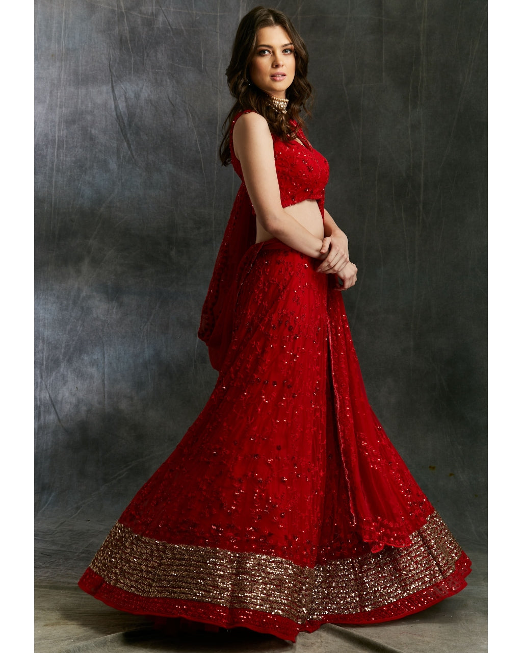 Red Sequins Lehenga With Gold Border