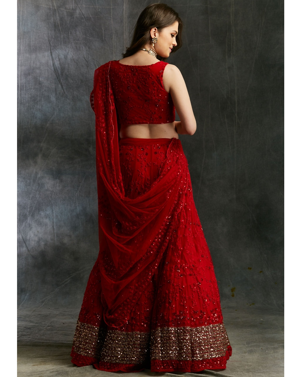 Red Sequins Lehenga With Gold Border