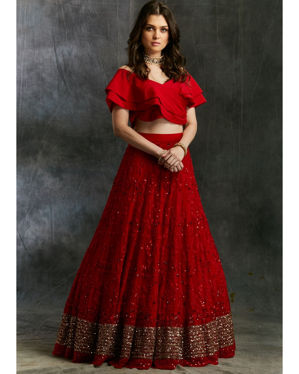 Off Shoulder Crop Top With Red Embroidered Lehenga