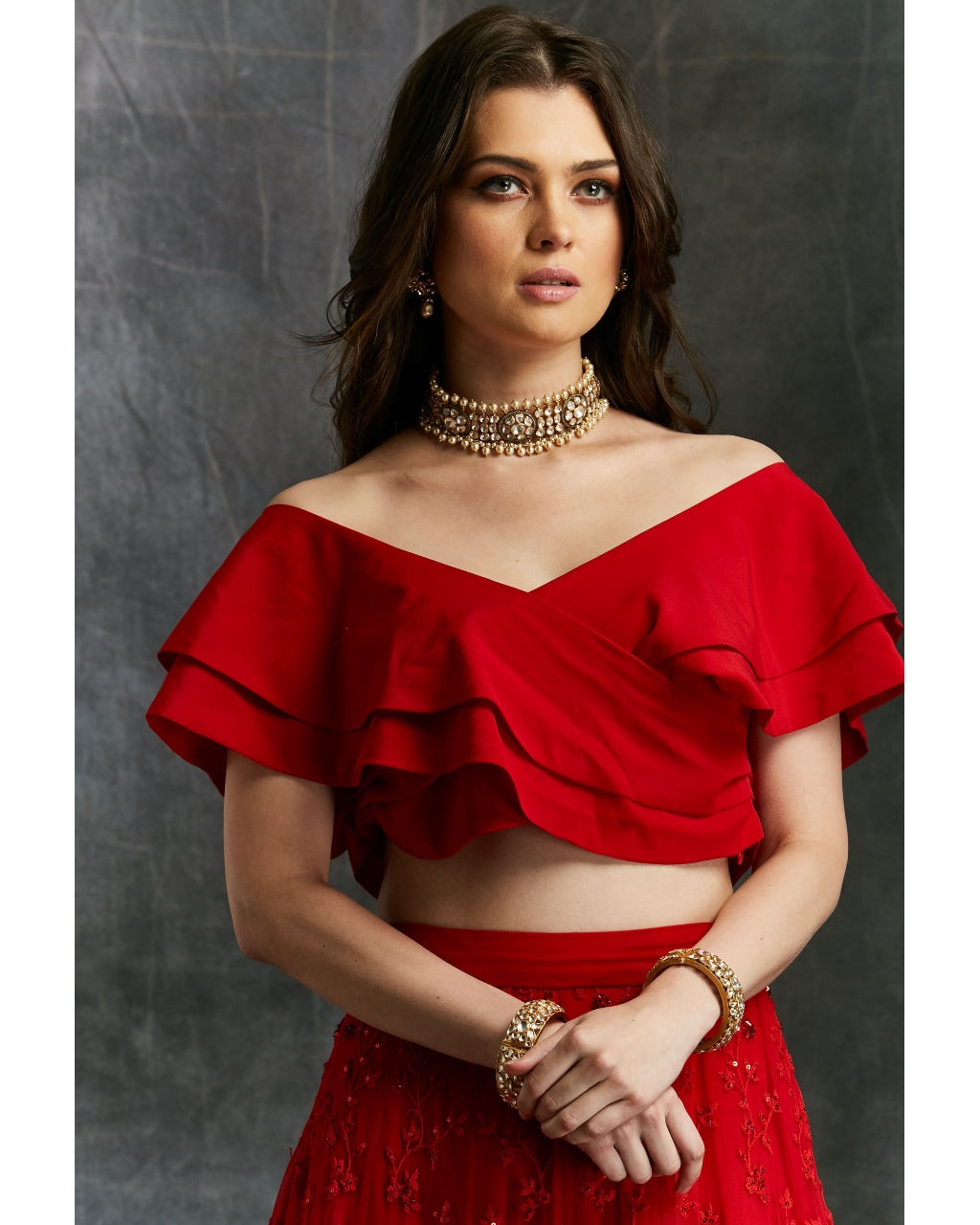 Off Shoulder Crop Top With Red Embroidered Lehenga