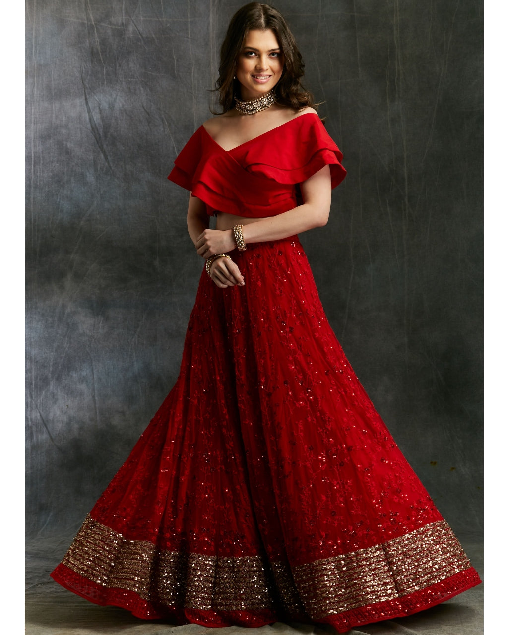 Off Shoulder Crop Top With Red Embroidered Lehenga