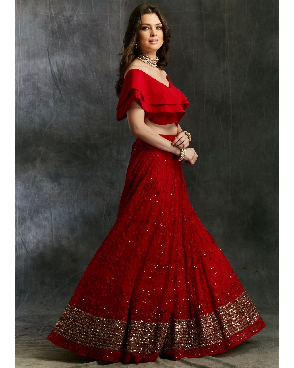 Off Shoulder Crop Top With Red Embroidered Lehenga