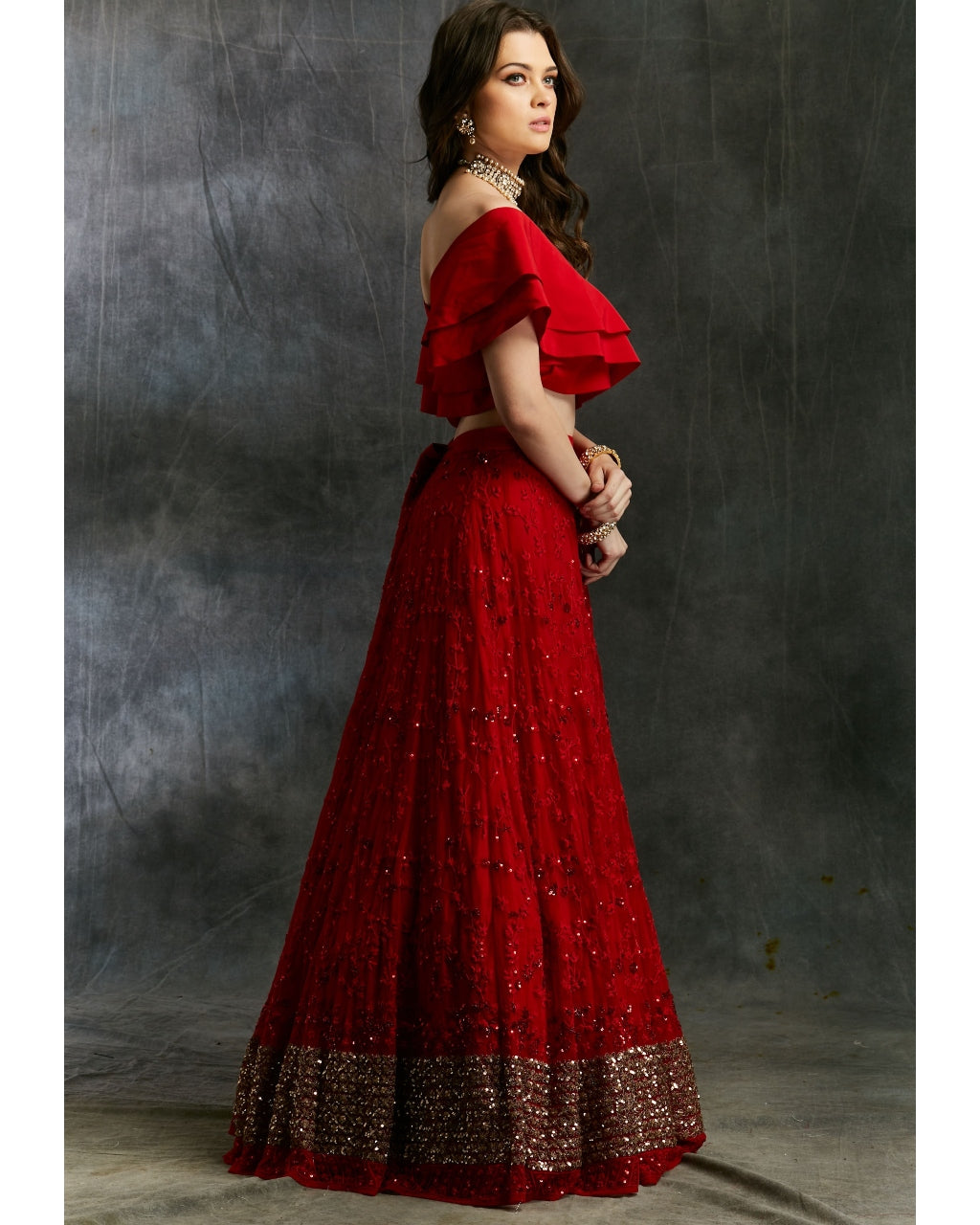 Off Shoulder Crop Top With Red Embroidered Lehenga