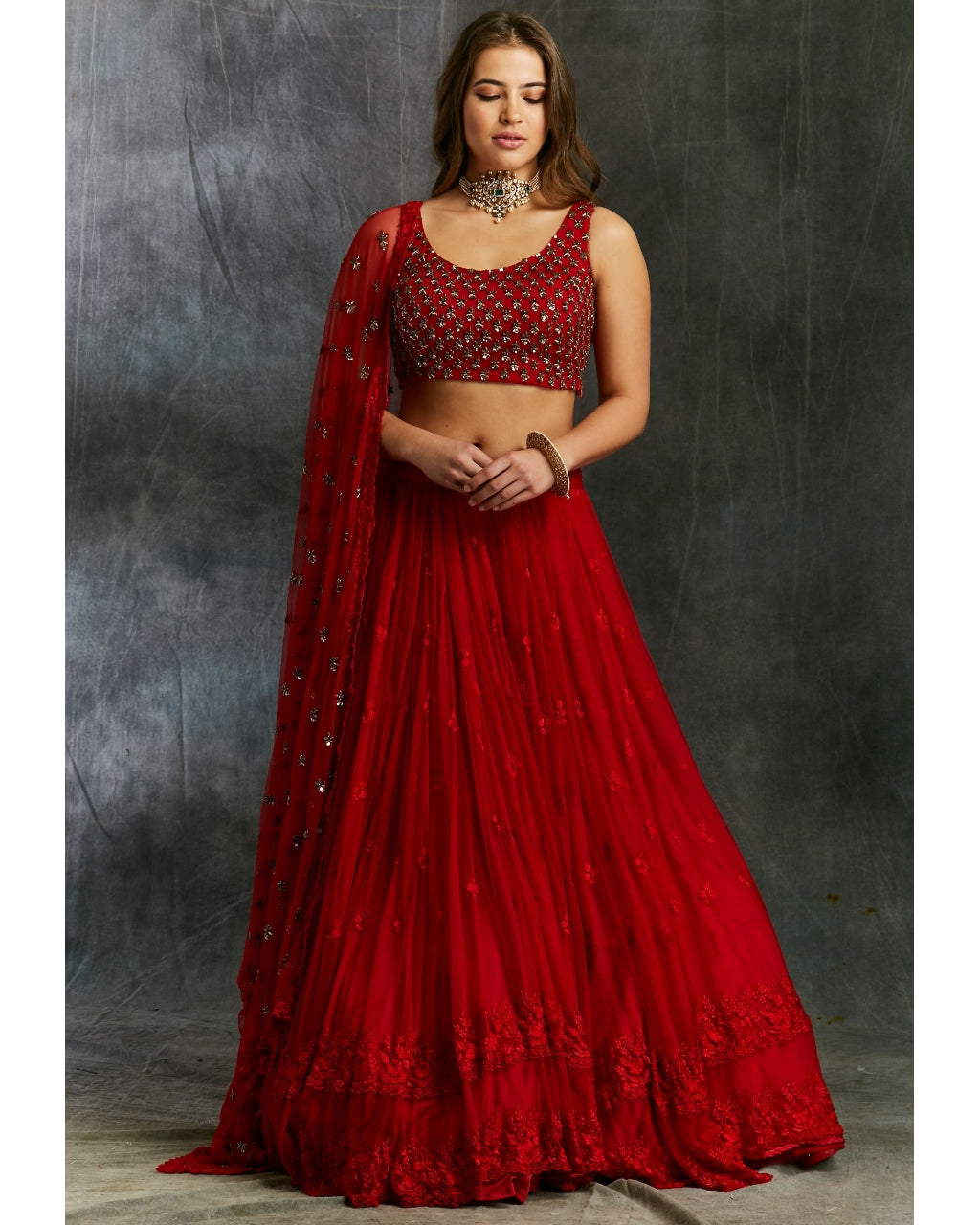 Red Thread work Lehenga With Embellished Choli