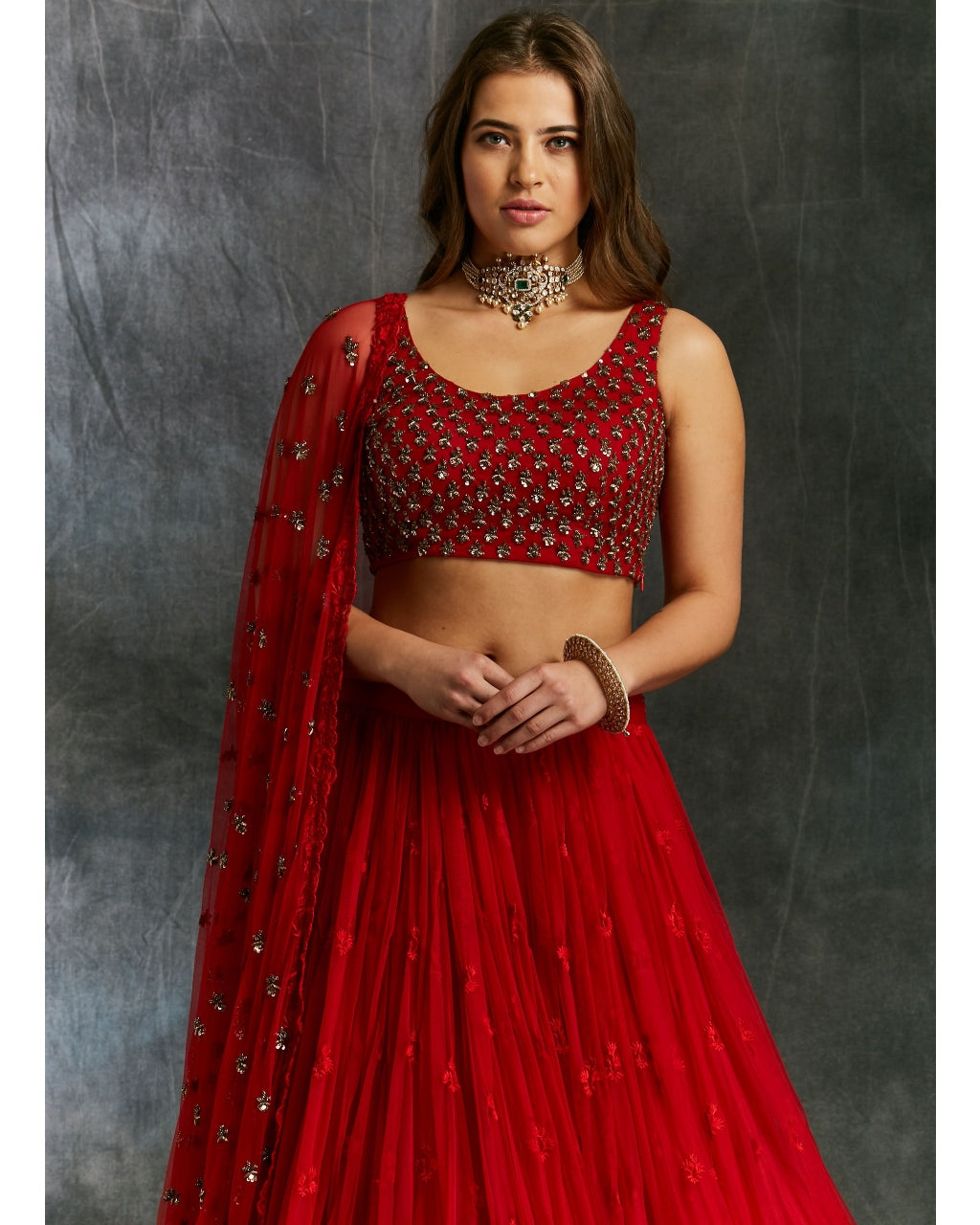 Red Thread work Lehenga With Embellished Choli