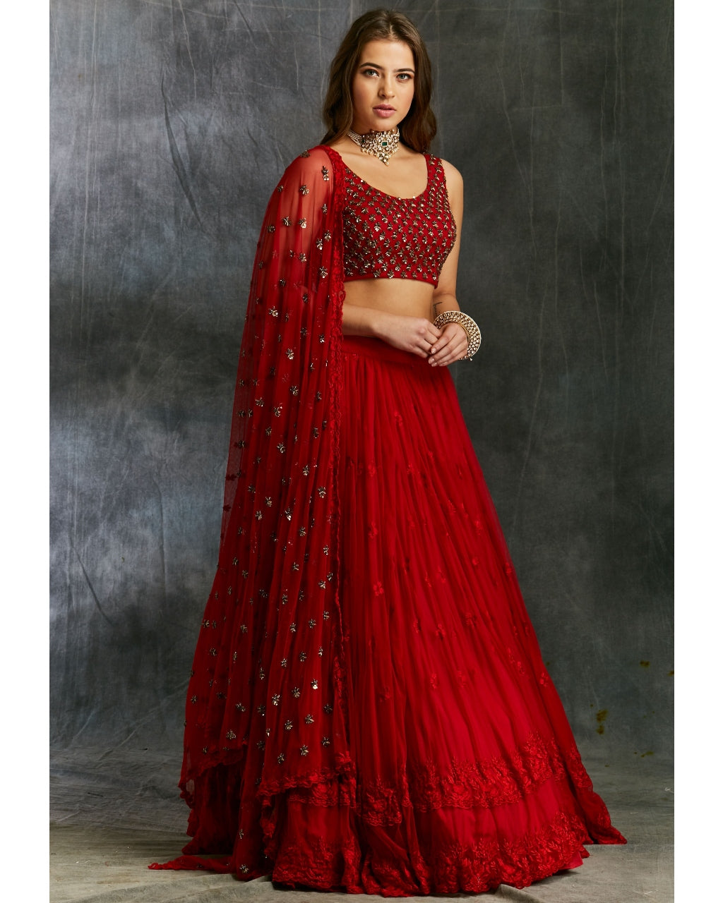 Red Thread work Lehenga With Embellished Choli