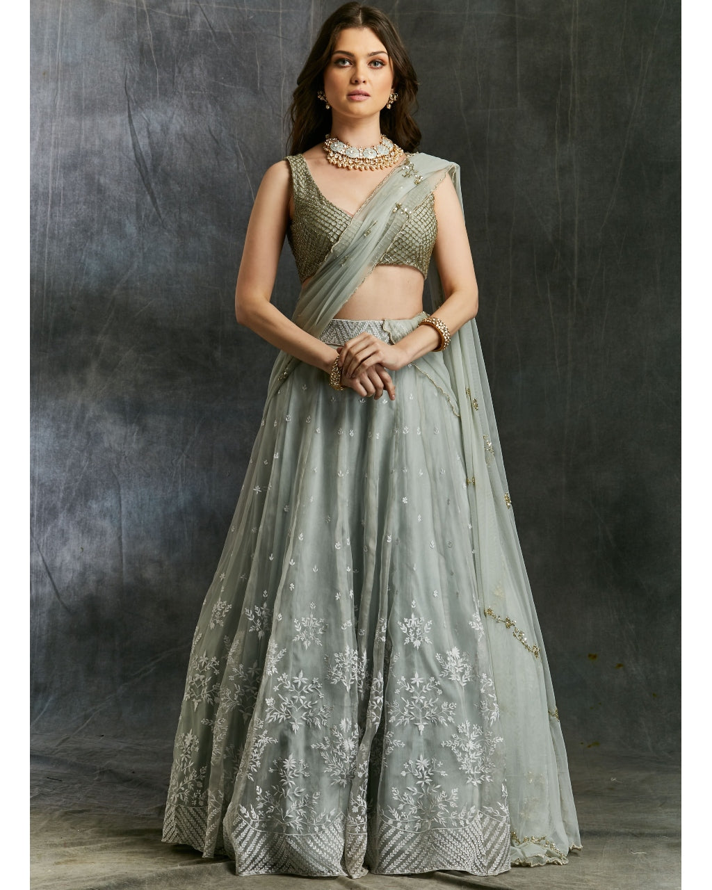 Sky Blue Organza Lehenga With White Thread work