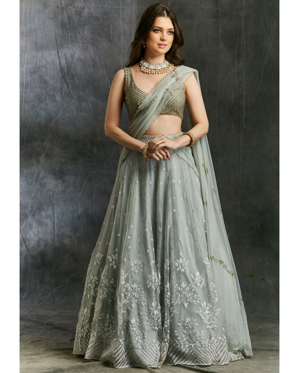 Sky Blue Organza Lehenga With White Thread work