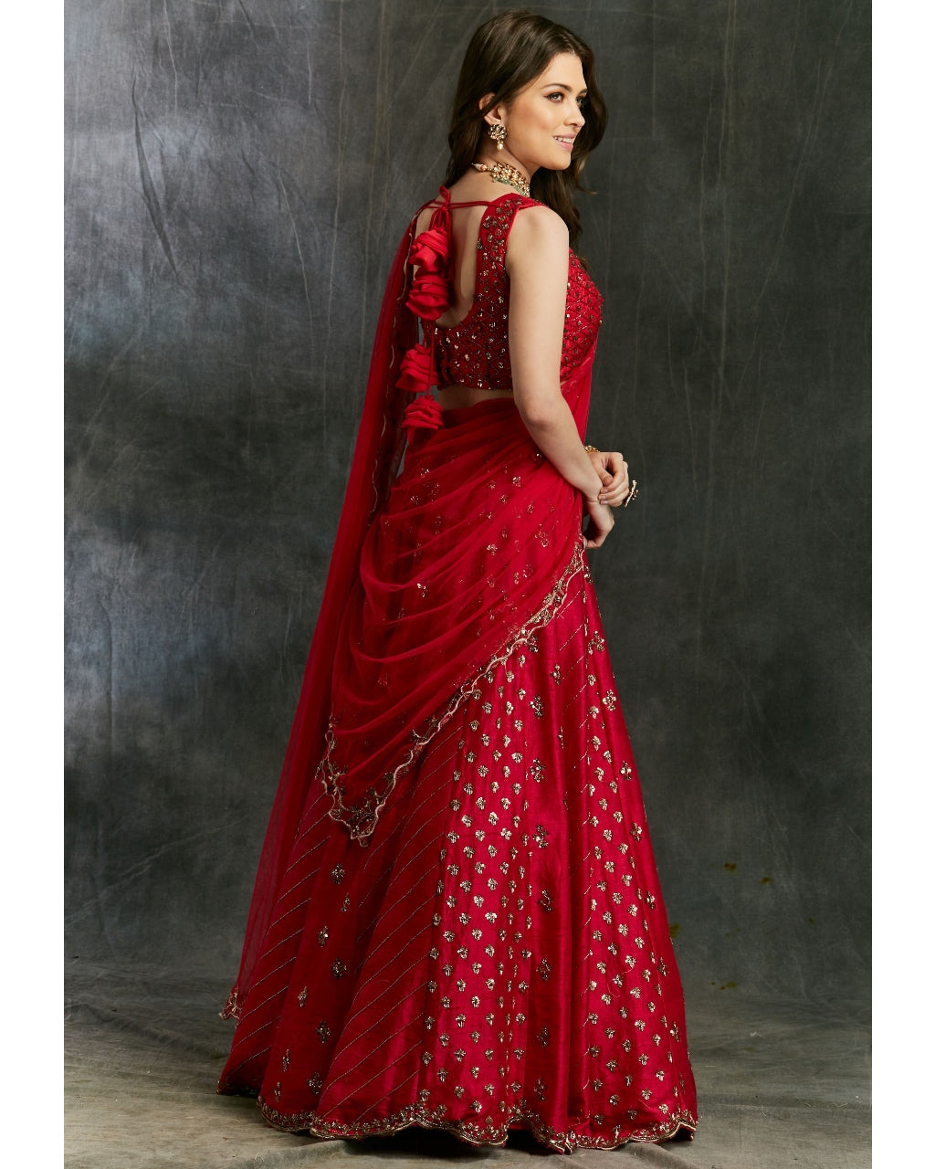 Dark Pink Raw Silk Booti Lehenga Set