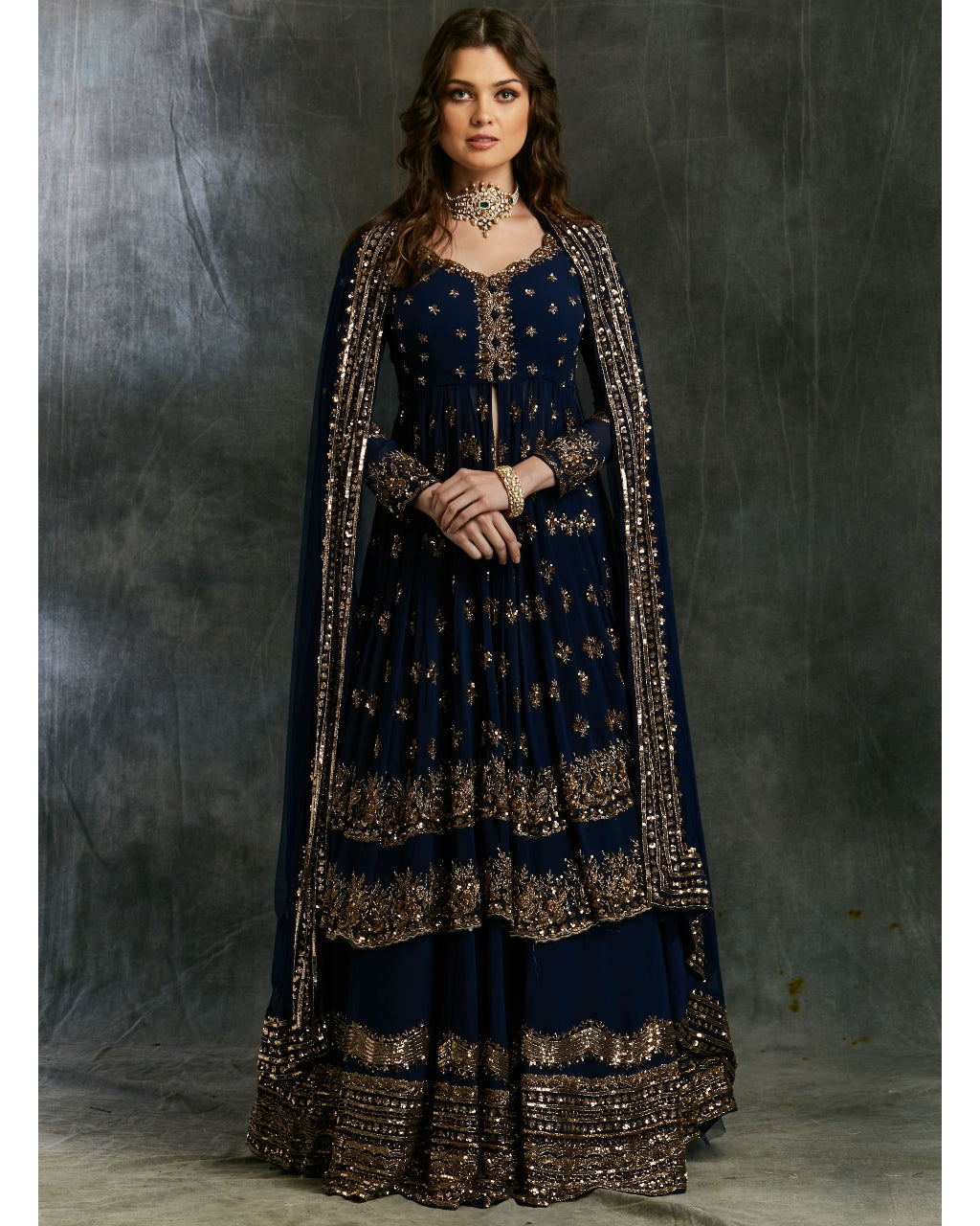 Dark Blue Gold Jacket With Border Skirt