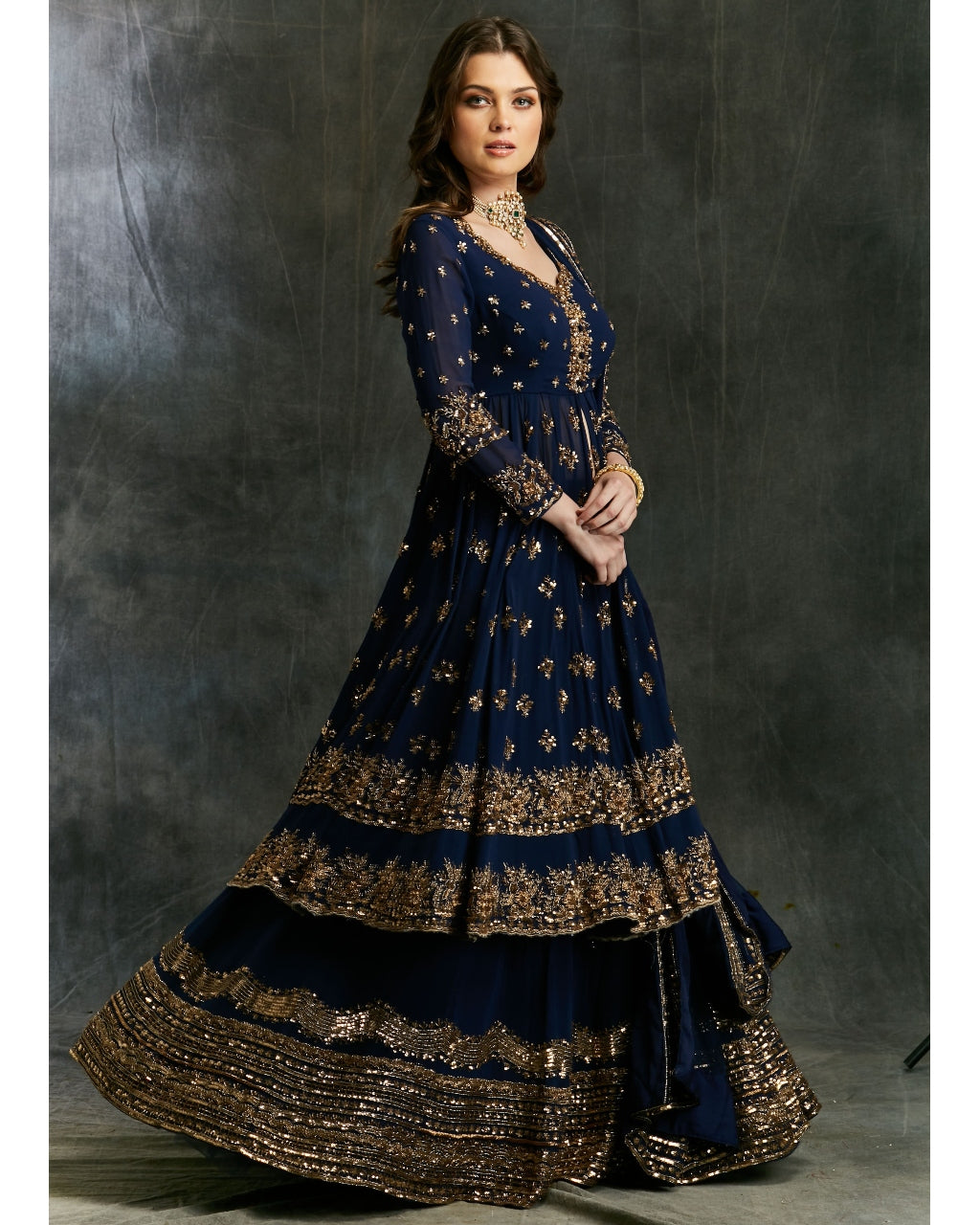 Dark Blue Gold Jacket With Border Skirt