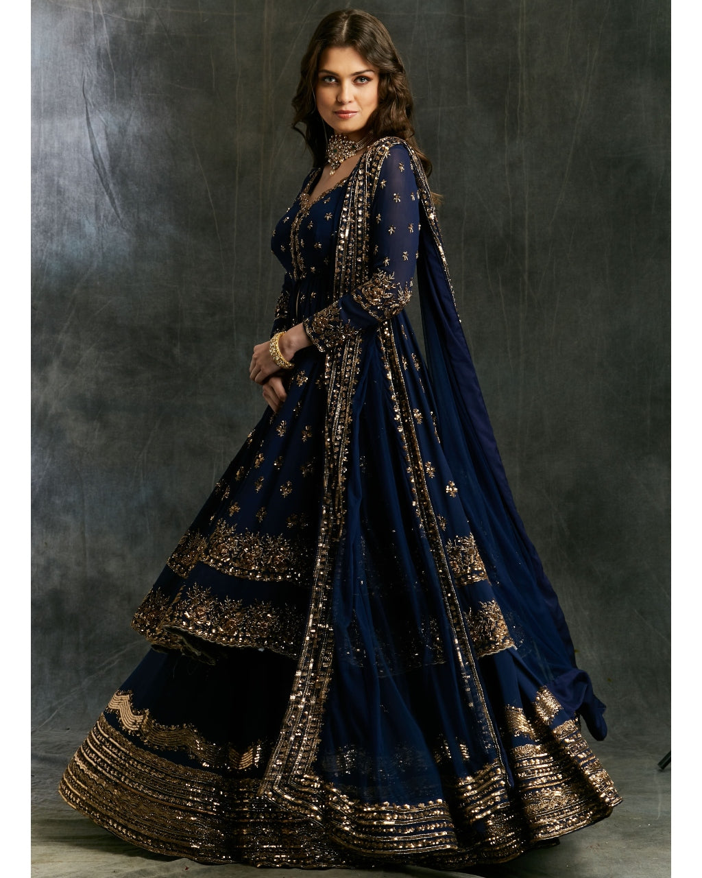 Dark Blue Gold Jacket With Border Skirt