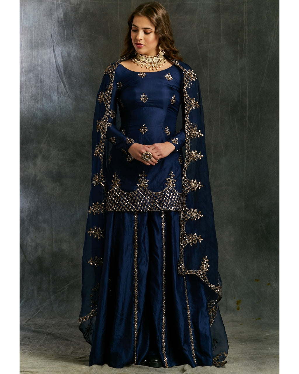 Blue Silk Sharara With Net Dupatta