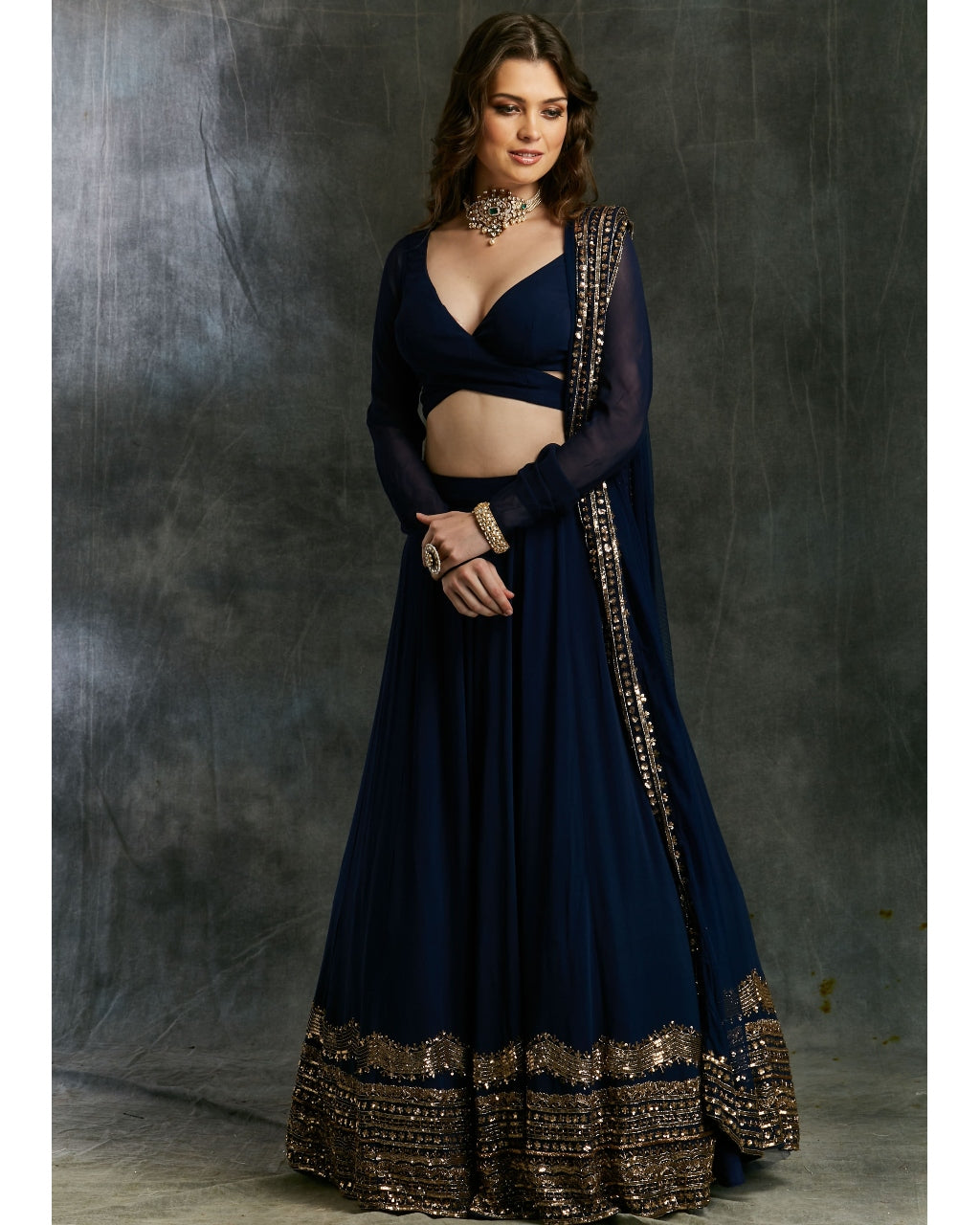 Dark Blue Wrap Blouse Georgette Lehenga