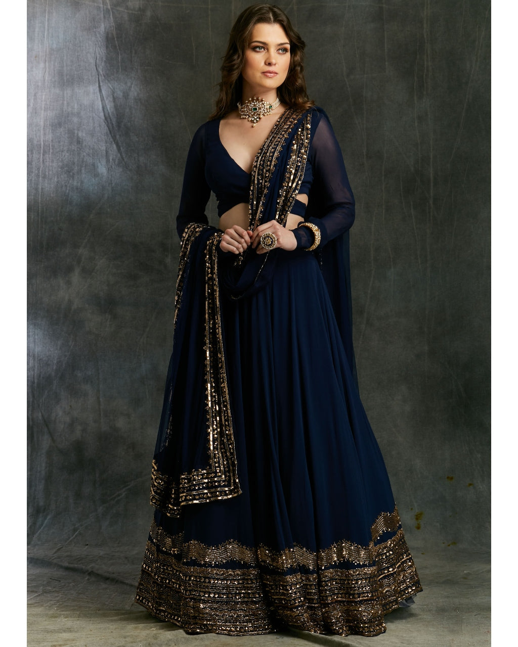 Dark Blue Wrap Blouse Georgette Lehenga