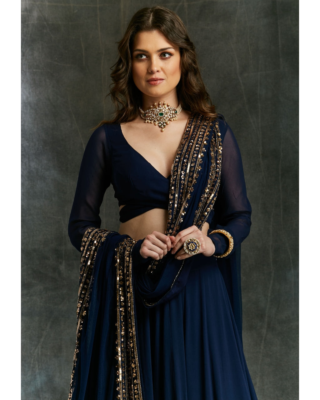 Dark Blue Wrap Blouse Georgette Lehenga